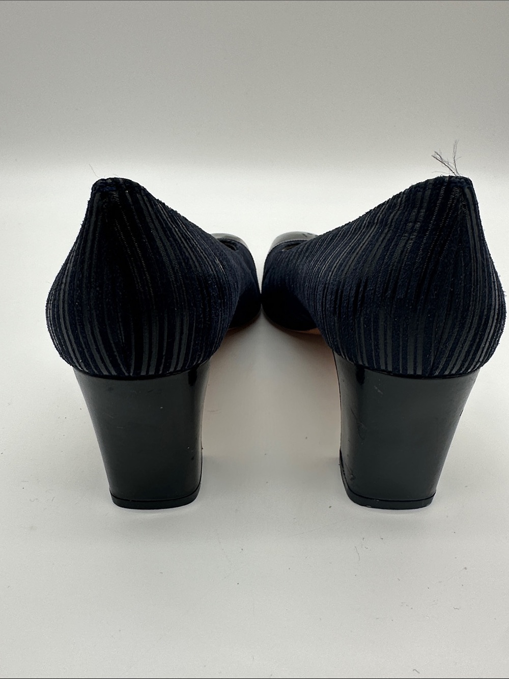 Salvatore Ferragamo Navy Striped Pumps with Black Cap Toe - Picture 4 of 10